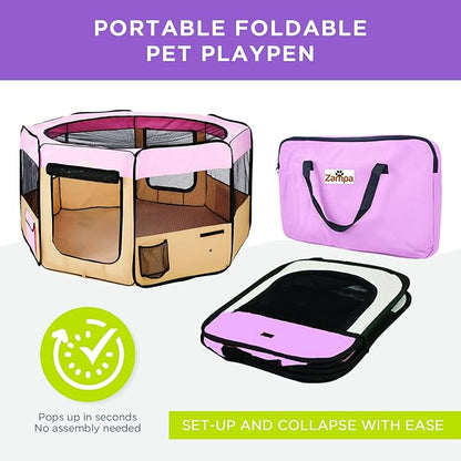 Zampa Dog Playpen Medium 45"x45"x24" Pop Up Portable Playpen for Dogs and Cat, Foldable | Indoor/Outdoor Pen & Travel Pet Carrier + Carrying Case.