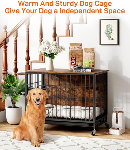 Dog Crate Furniture, 38.6" Wooden Dog Kennel Indoor, Double Doors Dog Cage with Removable Tray, Wheels, Large Dog Crate End Table for Medium/Large Dogs, Rustic Brown