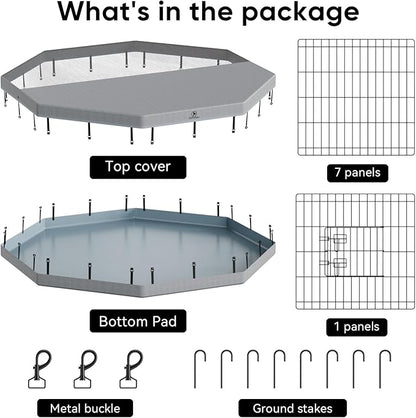 PJYuCien Dog Playpenr，8 Panels 30”H Dog Playpen with Gery Bottom Pad and Grey Top Cover，Metal Foldable Dog Exercise Pen for Indoor，Better for Medium Animals,Black