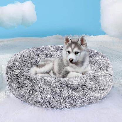 HYQ Small Dog Bed, Cat Beds for Indoor Cats, Pet Beds for Small Dogs, Fluffy Faux Fur Plush Small Dog Bed, Washable Puppy Bed with Anti-Slip Bottom, Dog Bed Small Size Dog (Gray-White, 24 Inch)