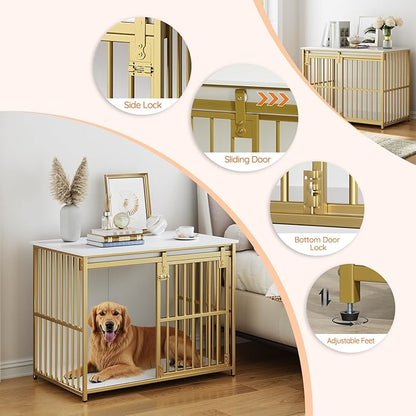 HOOBRO Dog Crate Furniture, 36.6" Heavy Duty Dog Kennel with Sliding Barn Door, Wooden Dog Cage Indoor, Decorative Side End Table for Small/Medium Dogs, White and Gold GD162GW03G1