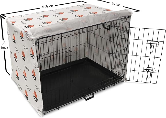Lunarable Sail Boat Dog Crate Cover, Abstract Boat Waves Cartoon Drawing Style Geometric Pattern, Easy to Use Pet Kennel Cover for Medium Large Dogs, 48 Inch, Salmon Black Grey