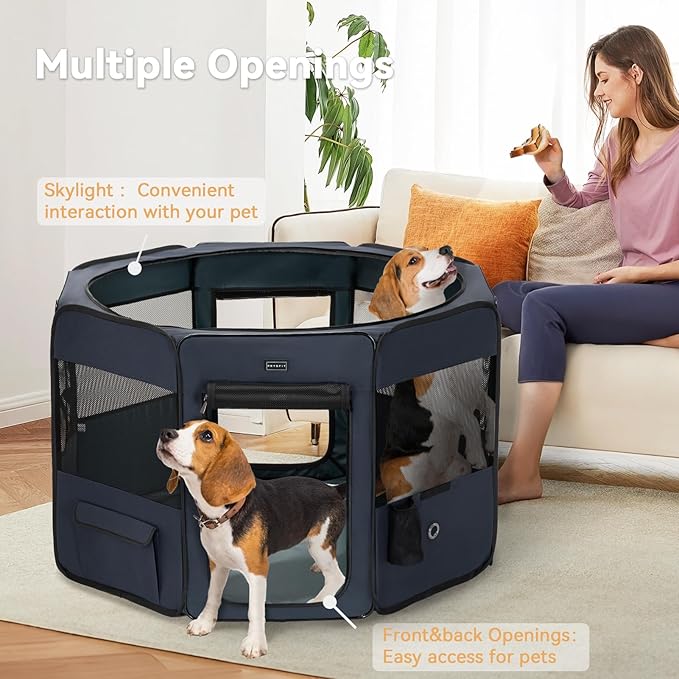 Petsfit 45.5" Dog Playpen with Dual Zipper Doors –Sturdy Foldable Pet Playpen for Large & Medium Dogs with Removable Mesh Top and Leakproof Bottom