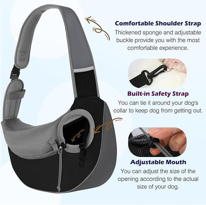 Pawaboo Pet Dog Sling Carrier, Hand Free Drawstring Dog Papoose with Adjustable Strap, Breathable Mesh Bag for Puppy Cat, Crossbody Satchel Dog Purse with Pocket for Outdoor, Dark Gray+Black, Medium