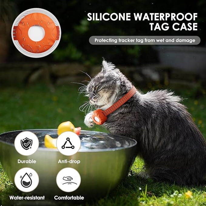 Cat Tracker, Pet Tracker for Cats, Cat GPS Tracker Collar with Safety Elastic Buckle, GPS Tracker Compatible with Apple Find My App (Only iOS), No Monthly Fee, Waterproof, Orange