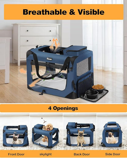 Extra Large Dog Crate with 2 Foldable Bowl, 32 Inch Collapsible Travel Dog Crate Kennel with Soft Blanket for Medium Dogs,Indoor & Outdoor (32" L x 23" W x 23" H, Navy)