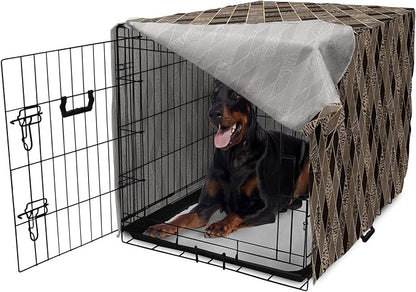 Lunarable Contemporary Brown Dog Crate Cover, Rhomb Check Pattern with Animal Skins, Easy to Use Pet Kennel Cover for Medium Large Dogs, 42 Inch, Umber Dark Brown