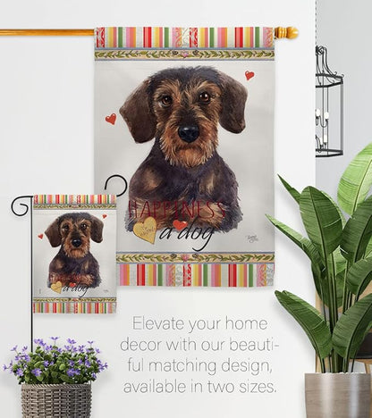 Breeze Decor Miniature Dachshund Happiness House Flag 2 pcs Pack Dog Puppy Spoiled Paw Canine Fur Pet Nature Farm Animal Creature Banner Small Garden Yard Gift Double-Sided, Made in USA