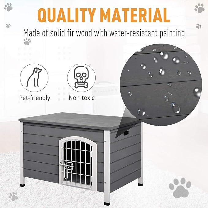 PawHut 31" L Wooden Decorative Dog Cage Kennel Wire Door with Lock Small Animal House with Openable Top Removable Bottom Grey