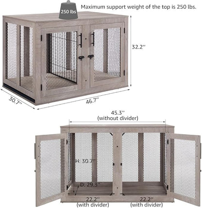 unipaws 46.7" Extra Large Dog Crate Furniture with Divider for 2 Dogs, Wooden Dog Kennel for XLarge Breed, XL Wood Dog Cage, End Table Crate with Tray, for Dogs Up to 90 lbs