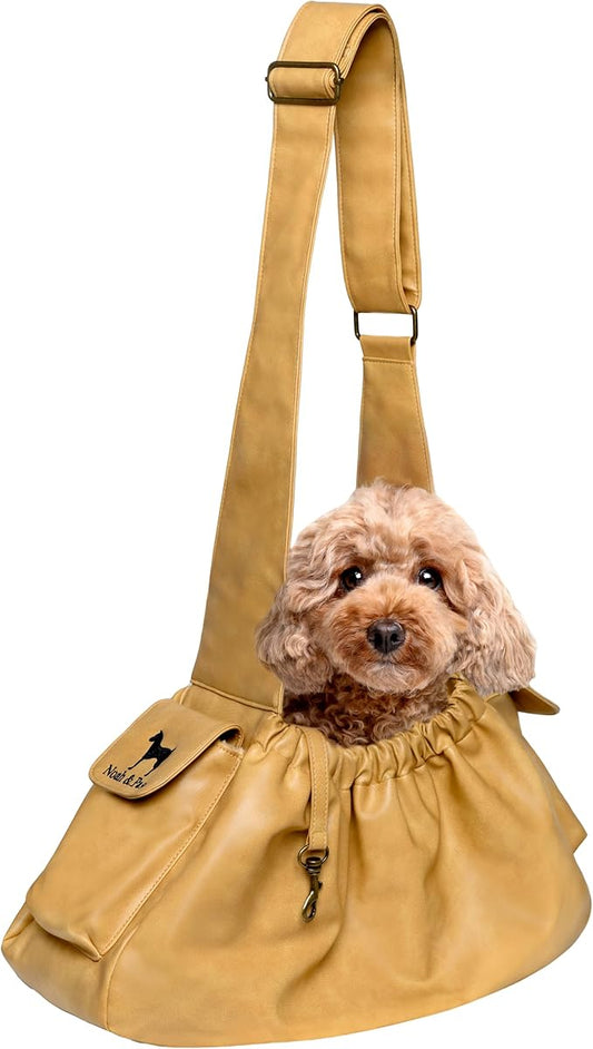 Noah & Paw Dog Sling Carrier for Small Dogs 5-18lb, Dog Sling for Small Dogs and Cats, Dog Carrier with Adjustable Padded Strap, Vegan Leather Lined with Fur, Double Safety Feature, Machine Washable