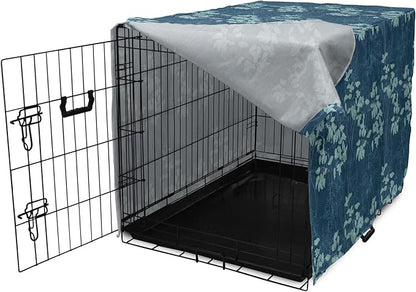 Lunarable Blue Floral Dog Crate Cover, Abstract Leaves and Outlines Rural Field Garden Foliage Art, Easy to Use Pet Kennel Cover for Small Dogs Puppies Kittens, 22 Inch, Green Night