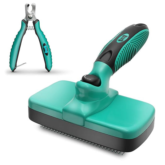 Ruff 'N Ruffus Self-Cleaning Slicker Brush With NO- PAIN Bristles Gently Removes Loose Undercoat & Tangled Hair For Cats & Dogs Reduces Shedding by 95% +Pet Nail Clipper