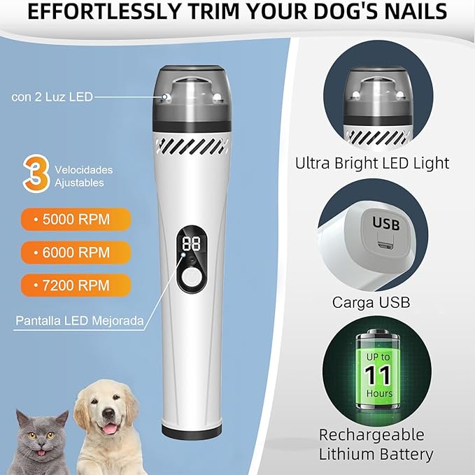 Yuehuam Dog Nail Grinder Upgraded, Professional 3-Speed Electric Dog Nail Trimmers with 3 LED Light, Super Quiet Rechargeable Pet Nail Trimmer Painless Paws Grooming for Small Large Dogs & Cats