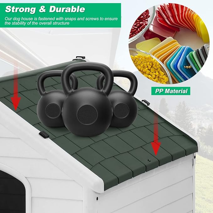 FDW Dog House Indoor Outdoor Durable Ventilate Waterproof Pet Plastic Dog House for Small Medium Large Dogs Insulated Puppy Shelter Kennel Crate with Air Vents and Elevated Floor