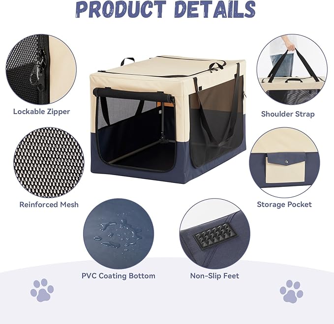 A4Pet Collapsible Dog Crate, Soft Sided Dog Crate - 36 Inch Adjustable Stainless Steel Frame, Lightweight, Durable and Portable Crate with 3-Door, Travel Dog Kennel