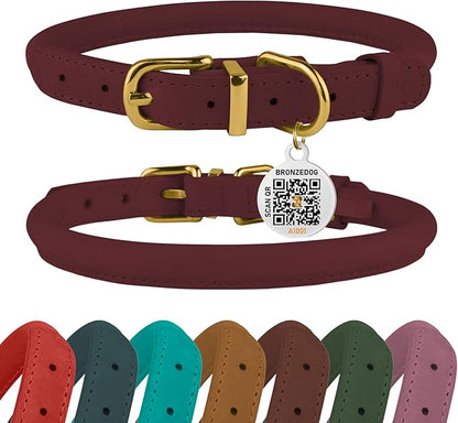 BRONZEDOG Rolled Leather Dog Collar with QR ID Tag Adjustable Soft Round Collars for Small Medium Large Dogs Puppy Cat (11" - 14 1/2" Neck Size, Burgundy)