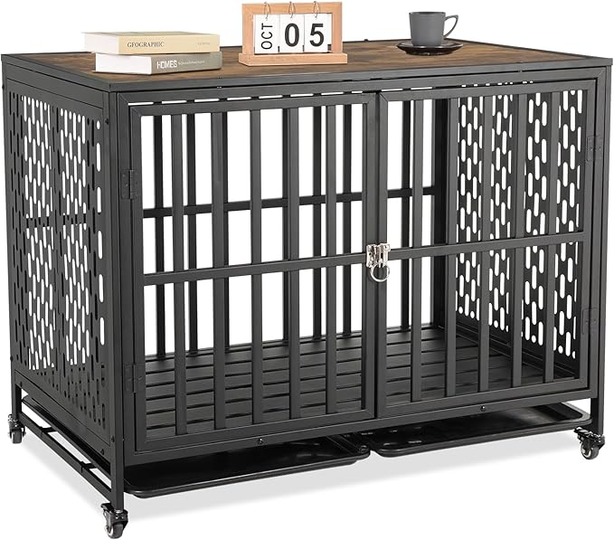 42'' Dog Crate Furniture, Wooden Dog Kennel with Lockable Wheels, Dog Crate End Table with Trays, Decorative Dog Kennel Indoor, Heavy Duty Dog Cage for Medium Large Dogs, Rustic Brown