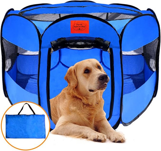 Pop Up Pet Exercise Play Pen Tent Portable Kennel with Weather Resistant Oxford Material, 8 Windows and Removable Zipper Top for Puppies Dogs Kittens Cats Rabbits + More! Includes Bag