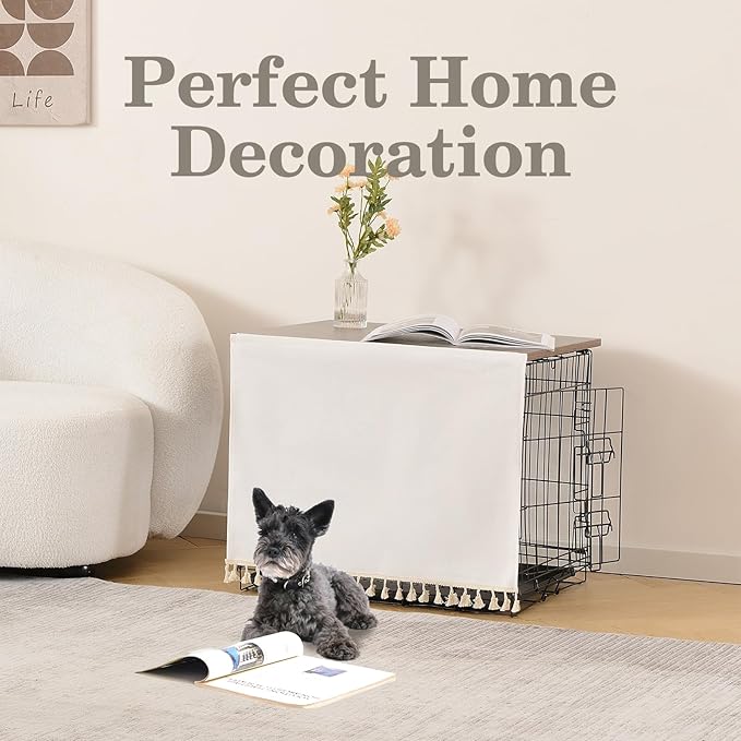 Dog Crate Topper Wood for 24 30 36 42 48 inch Cages, Table Foldable Dog Kennel Topper with Tassel Curtain, Rustic Style Top Rustic Brown(Dog Crate Not Include)