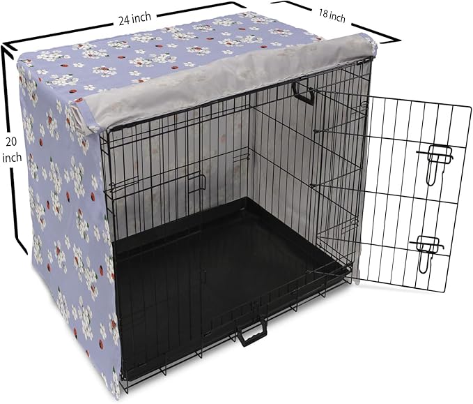 Ambesonne Floral Dog Crate Cover, Japanese Flowers Sakura Blossoms and Ladybugs on Soft Toned Background, Easy to Use Pet Kennel Cover for Cats & Medium Dogs, 24 Inch, Pale Ceil Blue White