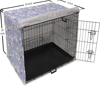 Ambesonne Floral Dog Crate Cover, Japanese Flowers Sakura Blossoms and Ladybugs on Soft Toned Background, Easy to Use Pet Kennel Cover for Cats & Medium Dogs, 24 Inch, Pale Ceil Blue White