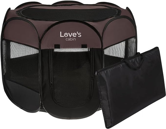 Love's Cabin Pet Puppy Playpen, Small Dog Tent Crate, Portable Foldable Dog Kennel with Carrying Case, Removable Zipper Top, Brown