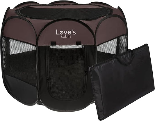 Love's cabin Pet Puppy Dog Playpen, Large Dog Tent Crates Cage Indoor/Outdoor, Portable Playpen for Dog and Cat, Foldable Pop Up Dog Kennel Playpen with Carring Case, Removable Zipper Top, Brown