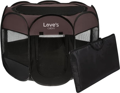 Love's cabin Pet Puppy Dog Playpen, Large Dog Tent Crates Cage Indoor/Outdoor, Portable Playpen for Dog and Cat, Foldable Pop Up Dog Kennel Playpen with Carring Case, Removable Zipper Top, Brown