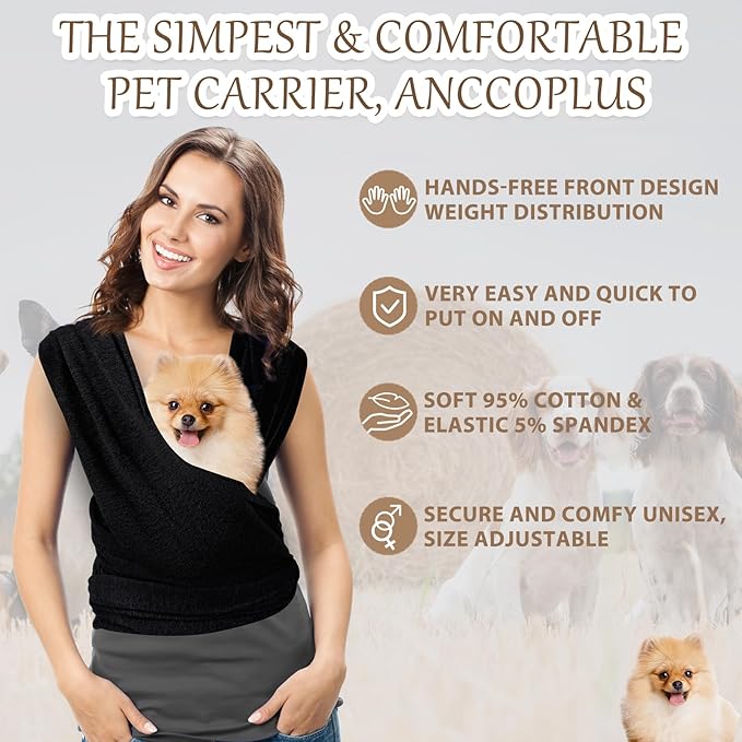 Cat Sling Carriers, Front Facing Dog Sling, Cat Wrap Carrier Chest, Hands Free, Size Adjustable, Soft Cotton, Cat Swaddle Bag for Outdoor(Black)