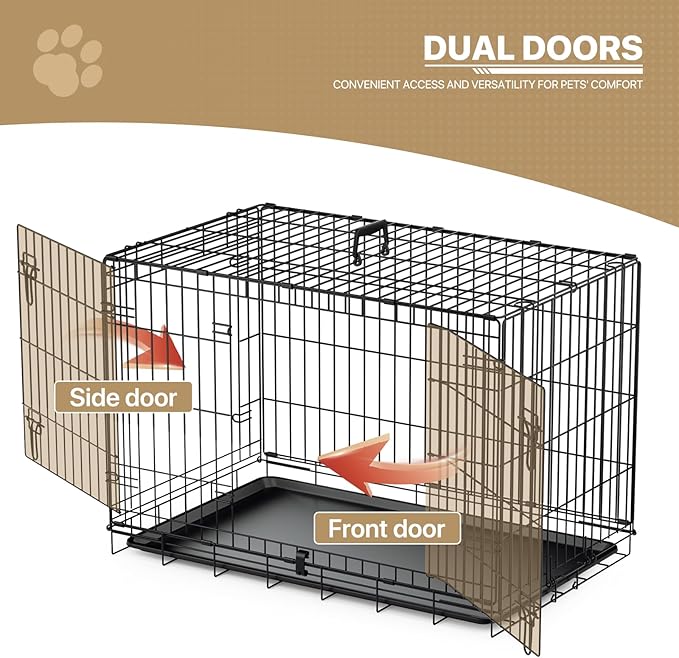 MoNiBloom 24/30/36/42/48 Dog Crates, Foldable Metal Wire Dog Cage with Double-Door, Outdoor Indoor Pet Kennels, Includes Leak-Proof Pan, Divider Panel, Black, 36"
