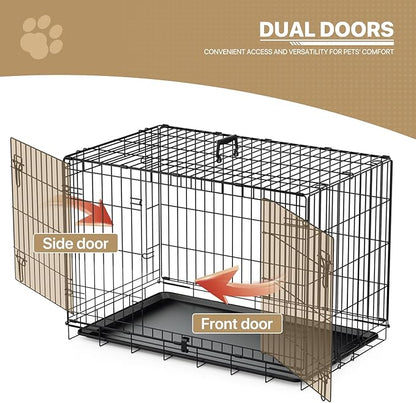 MoNiBloom 24/30/36/42/48 Dog Crates, Foldable Metal Wire Dog Cage with Double-Door, Outdoor Indoor Pet Kennels, Includes Leak-Proof Pan, Divider Panel, Black, 36"