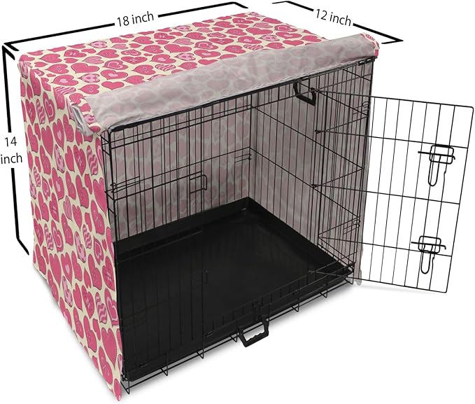 Lunarable Hearts Dog Crate Cover, Valentines Day Inspired Heart Designs with Various Styles Curved Lines Flowers Bows, Easy to Use Pet Kennel Cover for Small Dogs Puppies Kittens, 18 Inch, Cream Pink