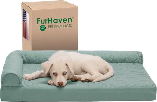 Furhaven Memory Foam Dog Bed for Medium/Small Dogs w/ Removable Bolsters & Washable Cover, For Dogs Up to 35 lbs - Pinsonic Quilted Paw L Shaped Chaise - Iceberg Green, Medium