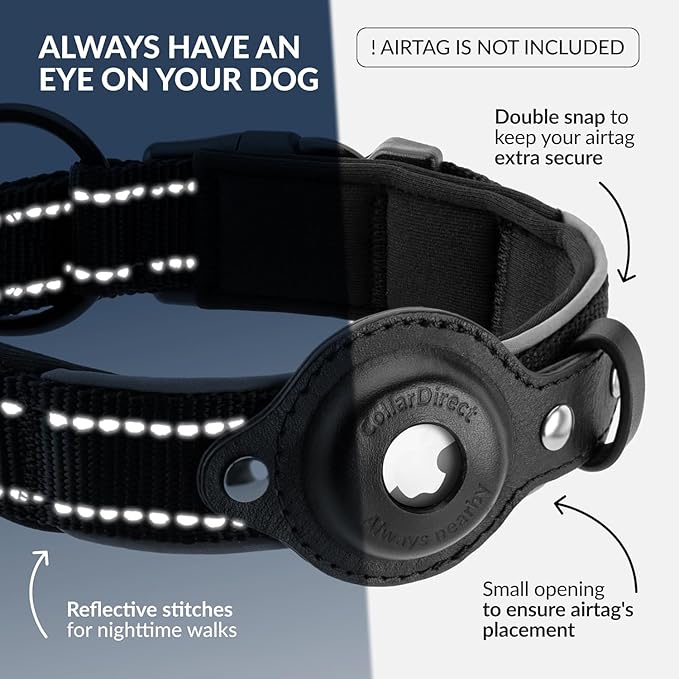 CollarDirect Airtag Dog Collar Reflective Nylon Neoprene Leather Holder for Apple Air Tag for Large, Medium, and Small Dogs (Black, M, 13.5-16.5 Inch)
