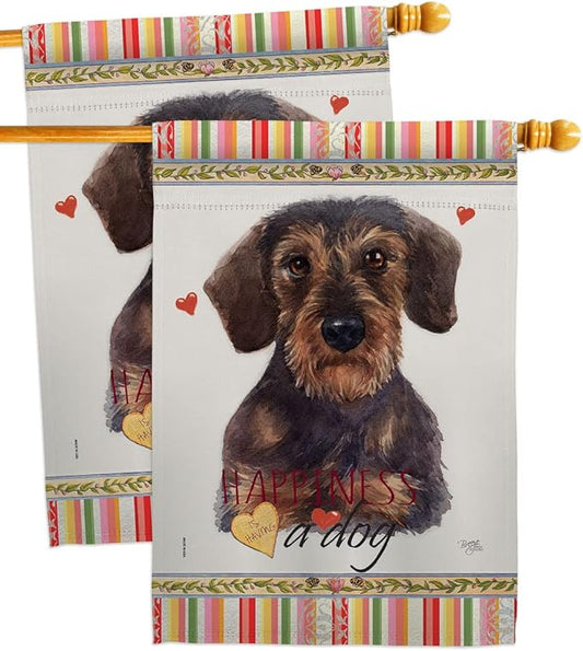 Breeze Decor Miniature Dachshund Happiness House Flag 2 pcs Pack Dog Puppy Spoiled Paw Canine Fur Pet Nature Farm Animal Creature Banner Small Garden Yard Gift Double-Sided, Made in USA