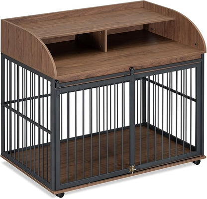Merax 44" Heavy Duty Large Medium Dog Crate, Wooden Metal Kennel Pet Cage with Lockable Wheels & End Table Double Layer Storage Indoor Furniture, Brown