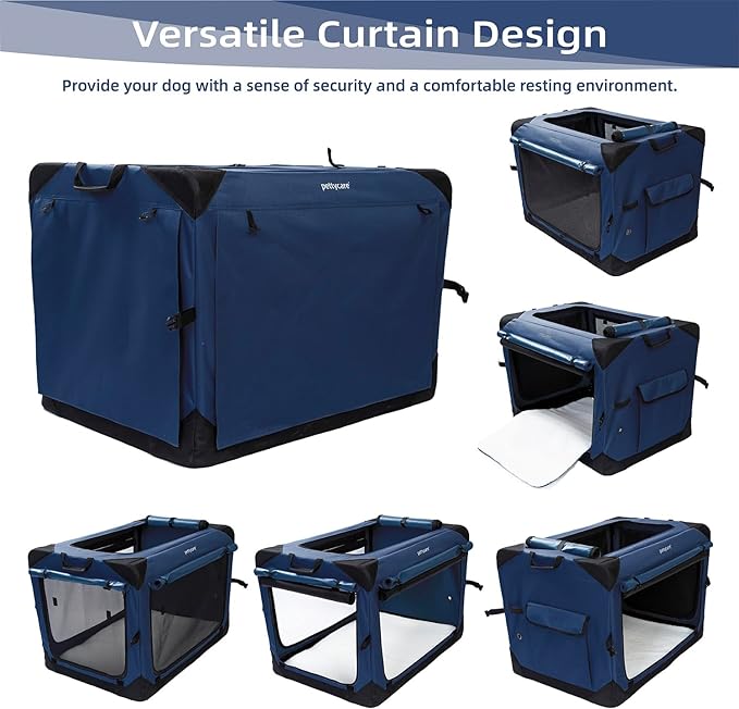 Pettycare 30 Inch Collapsible Dog Crate with Curtains Travel Dog Crate for Airflow and Calm Soft Pet Kennel with Portable Bag and More Chew Proof Mesh Indoor & Outdoor Navy Blue 4 Door Curtains