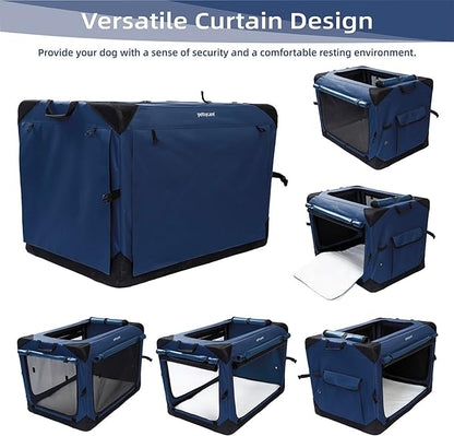 Pettycare 30 Inch Collapsible Dog Crate with Curtains Travel Dog Crate for Airflow and Calm Soft Pet Kennel with Portable Bag and More Chew Proof Mesh Indoor & Outdoor Navy Blue 4 Door Curtains