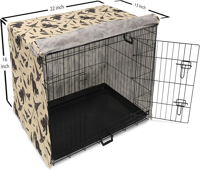 Lunarable Halloween Dog Crate Cover, Sketch Drawn Bat Cat Spider Witch Hat and Broom Pattern, Easy to Use Pet Kennel Cover for Small Dogs Puppies Kittens, 22 Inch, Grey Beige Charcoal
