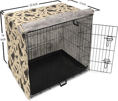 Lunarable Halloween Dog Crate Cover, Sketch Drawn Bat Cat Spider Witch Hat and Broom Pattern, Easy to Use Pet Kennel Cover for Small Dogs Puppies Kittens, 22 Inch, Grey Beige Charcoal