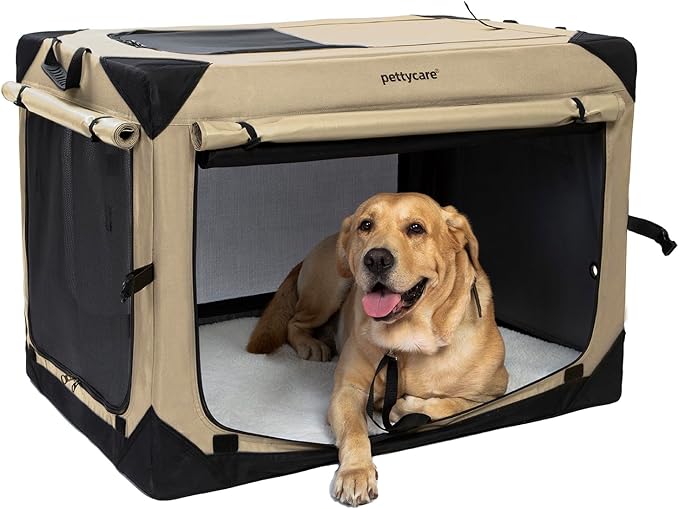 Pettycare 36 Inch Collapsible Dog Crate with Curtains Travel Dog Crate for Airflow and Calm Soft Pet Kennel with Portable Bag and More Chew Proof Mesh Indoor & Outdoor Beige 4 Door Curtains