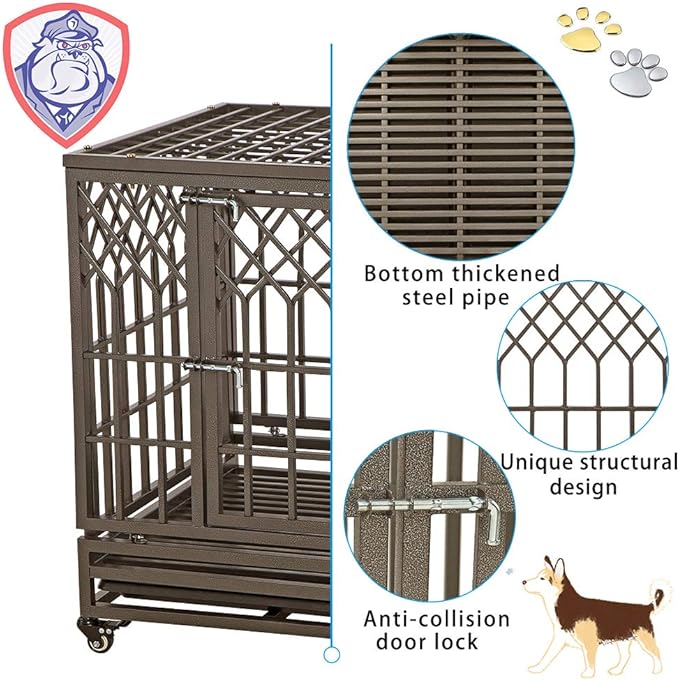 SMONTER Heavy Duty Dog Crate Strong Metal Pet Kennel Playpen with Two Prevent Escape Lock, Large Dogs Cage with Wheels, Y Shape, Brown (Strengthen-38INCH, Brown)