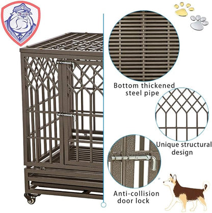 SMONTER Heavy Duty Dog Crate Strong Metal Pet Kennel Playpen with Two Prevent Escape Lock, Large Dogs Cage with Wheels, Y Shape, Brown (Strengthen-38INCH, Brown)