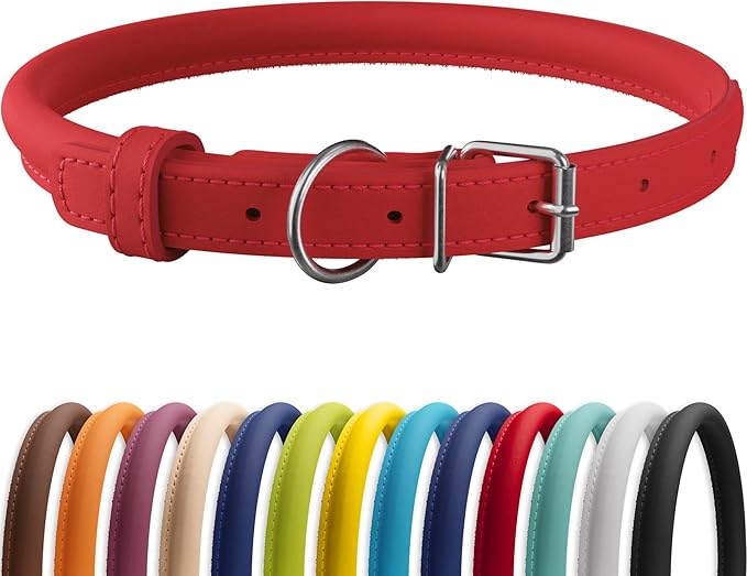 CollarDirect Rolled Leather Dog Collar, Soft Padded Round Puppy Collar, Handmade Genuine Leather Collar Dog Small Large Cat Collars 13 Colors (6 Inch, Red Smooth)