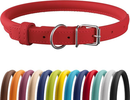 CollarDirect Rolled Leather Dog Collar, Soft Padded Round Puppy Collar, Handmade Genuine Leather Collar Dog Small Large Cat Collars 13 Colors (6 Inch, Red Smooth)