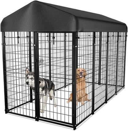 Dog Kennel Outside with Roof, 8'x6'x4' Outdoor Dog Kennels for Large Dogs, Heavty Duty Welded Dog Crate Playpen with UV-Resistant Waterproof Cover