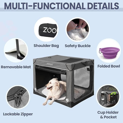 42" Portable Soft Dog Crate for Large Dogs - Collapsible Travel Kennel with Carry Bag, Foldable Cage with Durable Textilene Mesh Door, Plush Bed - Ideal for Home or Travel - Charcoal Gray