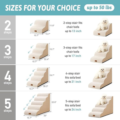 Dog Stairs for High Bed 22.6" H, Small Pet Steps with Leakproof Cover, High Density Foam Cat Ramp for Bed, Car or Couch, Lightweight, Durable, Comfort, 15.7x33x22.6 inch, 5 Tiers, Beige