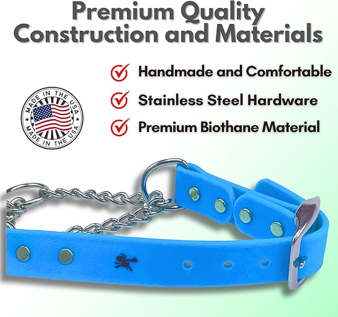 Martingale Collar for Dogs, Biothane, Stainless Steel Hardware, No Pull, Made in The USA, Professional Grade, Medium Light Blue